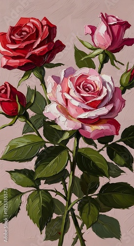 Wallpaper Mural Beautiful Pink and Red Roses Illustration. Torontodigital.ca