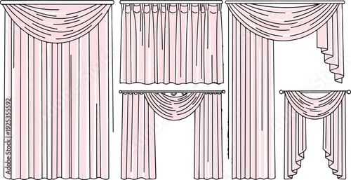 Various draped and pleated window coverings in soft pink hues