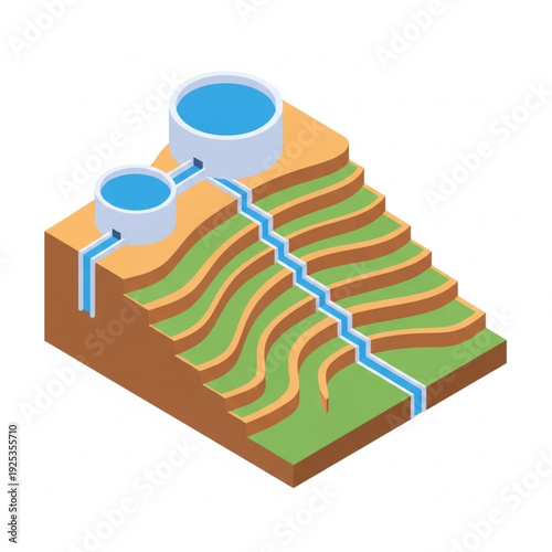 Water flowing from reservoirs through terraced landscape.