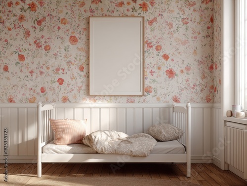 A white bed with a floral wallpaper and a white frame