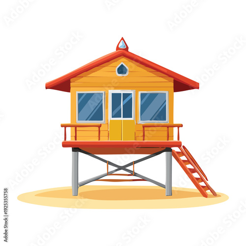 Cartoon lifeguard station on a sandy beach under a bright sky