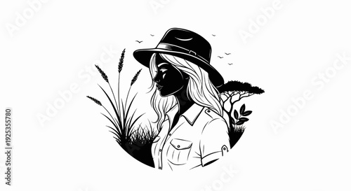 Silhouette of a woman in a safari hat and shirt in a savanna landscape