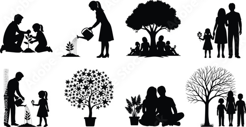Family gardening and tree planting silhouettes parents children caring for nature isolated vector illustration set