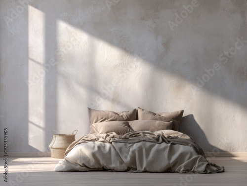 A bed with pillows and a basket next to it