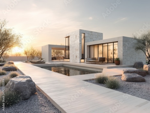 A large white house with a pool and a walkway