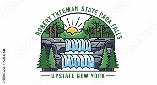 Stylized illustration of a sunlit waterfall cascading over rocks and trees