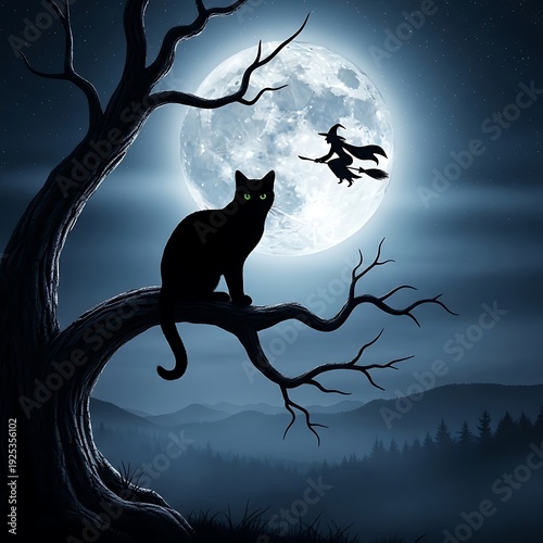 Wallpaper Mural Black cat on tree branch with witch flying. Torontodigital.ca