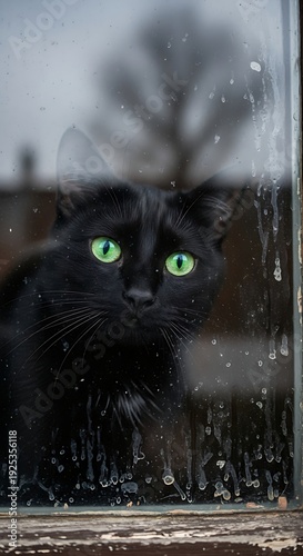 Wallpaper Mural Black cat looking through a rainy window. Torontodigital.ca
