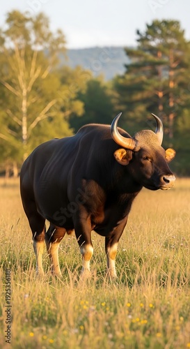 Wallpaper Mural Black cow with horns standing in field. Torontodigital.ca