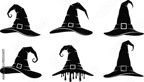 Black Witch Hat Silhouette Vector Set with Buckles and Various Pointed Shapes Isolated on White Background cad drawing flat vector illustration