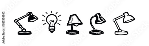 Hand drawn set of lamps, desk lamps, and a glowing lightbulb
