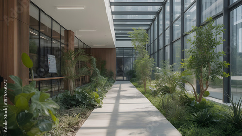 Interior atrium with skylight, vegetation, and hallway.