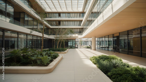Modern office building interior with atrium garden and natural light.