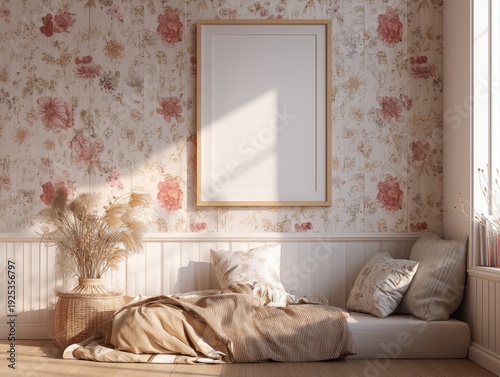 A bedroom with a white wall and a floral wallpaper
