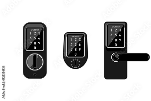 Automatic door lock systems are different on isolated background, Vector illustration.