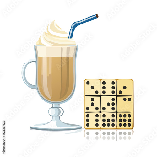 Coffee drink with whipped cream and dominoes illustration