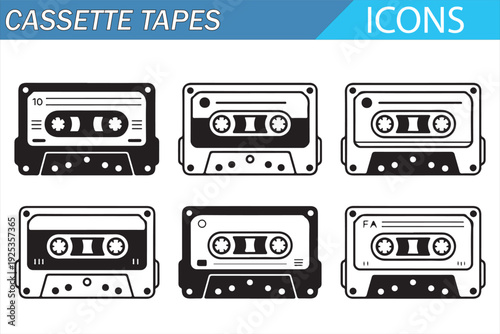 Cassette Tapes Line Icons Set Featuring Retro Audio Cassettes, Vintage Music Recording and Analog Sound Technology Editable Vector Illustration