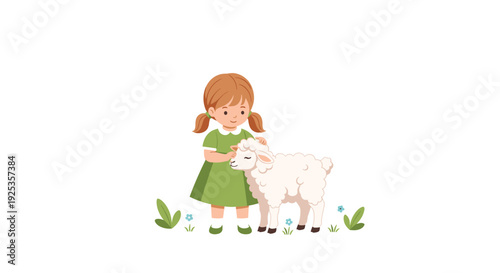 A cheerful little girl with pigtails in a green dress gently pets a fluffy white lamb standing on a small patch of grass.