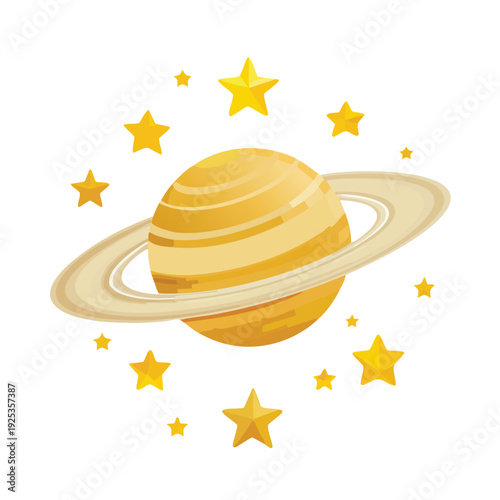 Cartoon planet illustration with ring and surrounding stars