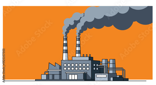 A grey industrial factory building with two prominent smokestacks releases dark grey smoke into a bright orange sky.