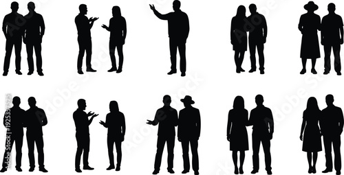 People silhouette collection standing talking and interacting men and women isolated on white background vector illustration set