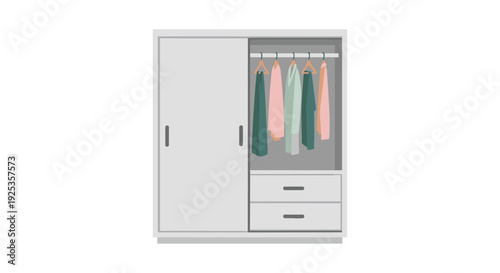 A light gray wardrobe with one sliding door open reveals a neatly arranged interior featuring several colorful garments hanging on wooden hangers above two closed drawers.