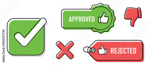 Modern line art approval and rejection symbols set featuring checkmark, cross, thumbs up and thumbs down icons for feedback and decision making