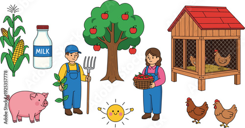 Farm Agriculture Illustration Set Featuring Farmers, Livestock, Crops, Milk Production and Poultry Farming Elements for Rural Organic Food Concept