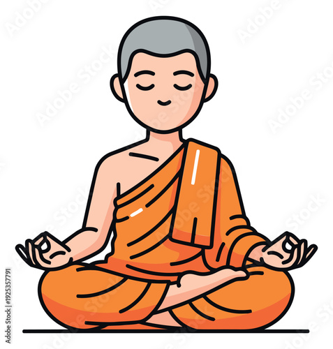 Cartoon line art illustration of a Buddhist monk depicting meditation for spiritual and wellness concepts