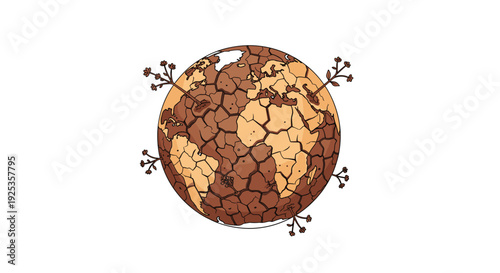 A spherical Earth is entirely covered in deep, parched brown cracks with small plant sprouts emerging from its circumference.