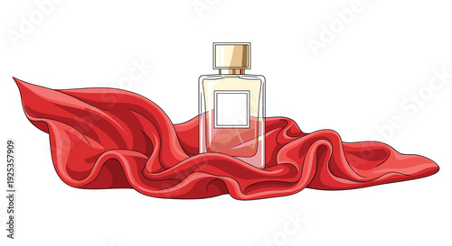 A single, rectangular glass perfume bottle with a golden cap is elegantly displayed on a bed of richly folded red fabric.
