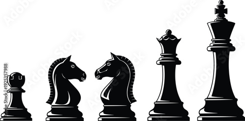 Chess piece silhouettes featuring king queen knights and rook isolated on white background strategy board game vector