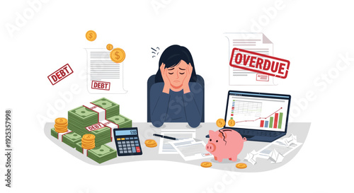 A visibly worried woman with hands on her head is positioned at a desk, surrounded by stacks of cash, debt documents, a calculator, a laptop, and a broken piggy bank.