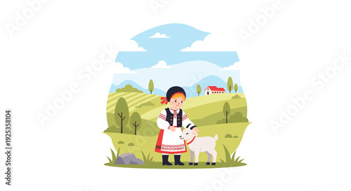 A young girl dressed in traditional folk clothing is tenderly petting a small white goat within a picturesque rural landscape featuring rolling green hills, trees, and a distant farmhouse.