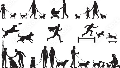Silhouettes of people and dogs in diverse activities including walking, running, playing, and family interaction, symbolizing companionship, exercise, lifestyle diversity, and pet care relationships.