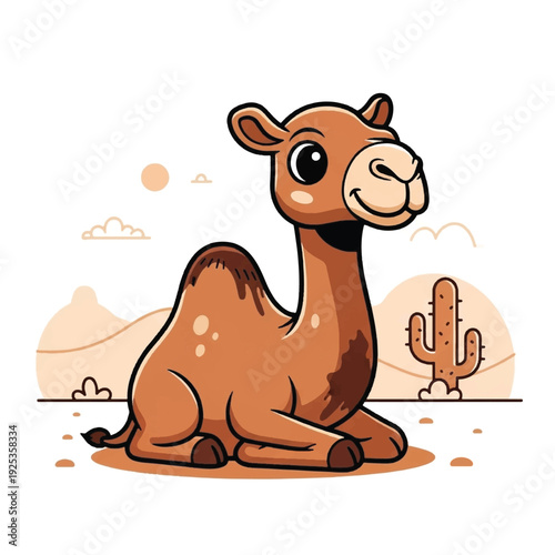 Cartoon Camel Sitting Desert Landscape.