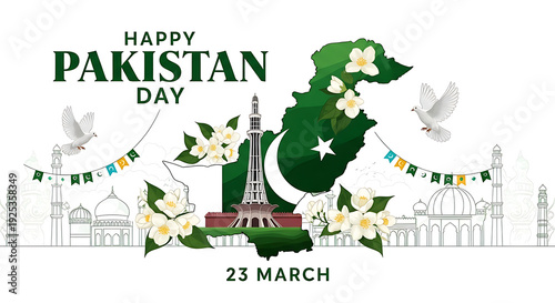 Illustration for Pakistan Day: green map of Pakistan with white flowers, crescent moon and star, Minar-e-Pakistan monument, garland, and white pigeons, 8k image