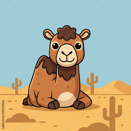 Cartoon camel sitting on sand.