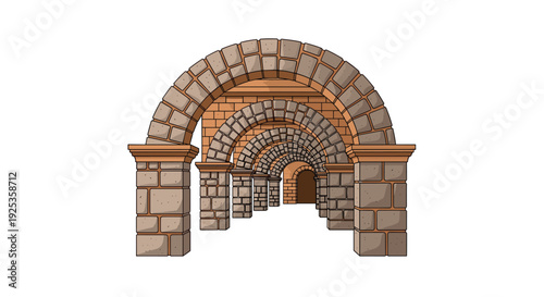 A captivating perspective view showcases a series of five intricately detailed stone arches receding into the distance, forming an architectural tunnel against a plain white background.