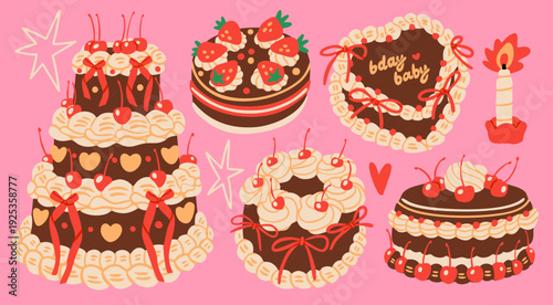 Various chocolate Cakes with cherry, cream, strawberry. Sweet tasty food. Hand drawn trendy Vector illustration. Isolated design elements. Party, wedding, anniversary, celebration, birthday concept