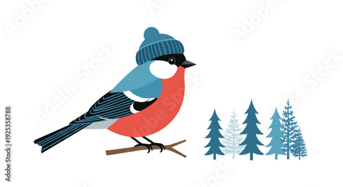 A vibrantly colored bullfinch bird, adorned with a cozy blue knitted hat, is depicted perching on a slender brown branch beside a cluster of stylized pine trees against a clean white backdrop.