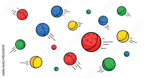 Multiple colorful, cratered balls of varying sizes are dynamically depicted in motion with speed lines against a white background.