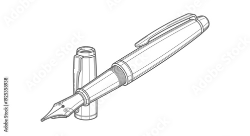Fountain Pen and Cap Outline Drawing, Classic Writing Instrument, Elegant Stationery