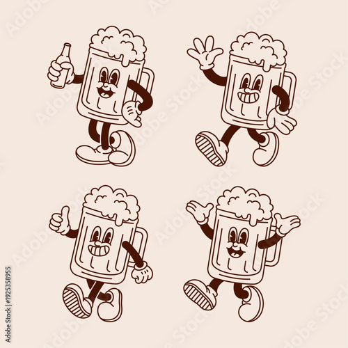 Set of four vintage rubber hose beer mug mascots in expressive poses: holding a bottle, waving, thumbs up, and welcoming. Retro character collection.