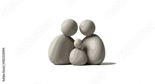 Four smooth, abstract, grey, pebble-like figures representing a family unit are closely arranged on a white surface.