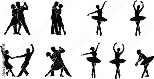 Dance Silhouette Collection Featuring Ballroom Couple and Ballet Dancer Poses Showing Elegant Performance, Movement and Artistic Expression Illustration Set