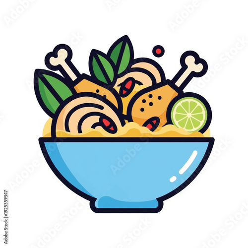 Colorful bowl of chicken noodle soup.