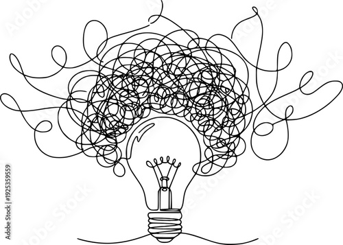 Chaotic lines with lightbulb continuous line drawing. Creative idea process. Mental health concept. Problem solving and idea search symbol. Vector illustration isolated on white.