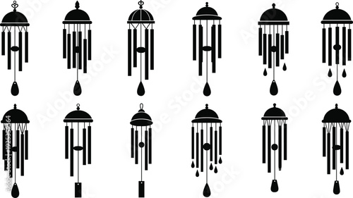 Collection of wind chime silhouettes, black garden hanging bell icons, decorative music tube set, zen home decor elements, isolated vector illustration. (21 words)
