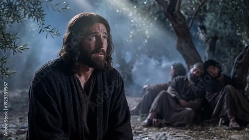 Man praying in Gethsemane garden with sleeping apostles. Religious scene showing suffering spirit and heavenly light.